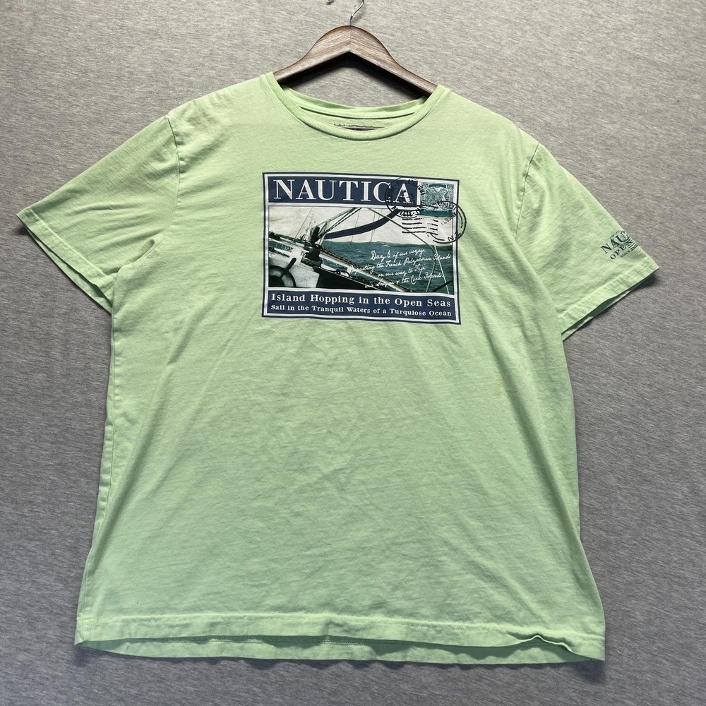 Nautica T Shirt Mens Large Mint Green Graphic Island Hopping Open Seas Sailing
